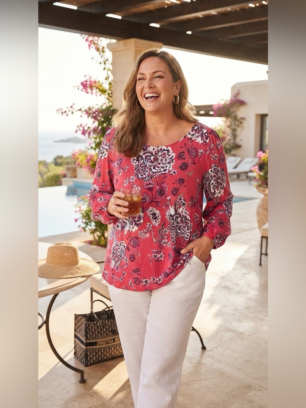 SIZE 1X Susan Graver® NEW Women's Pink Floral Blouse Long Sleeve Top